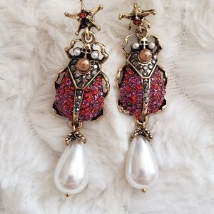 Red Rhinestones Beetle Earrings